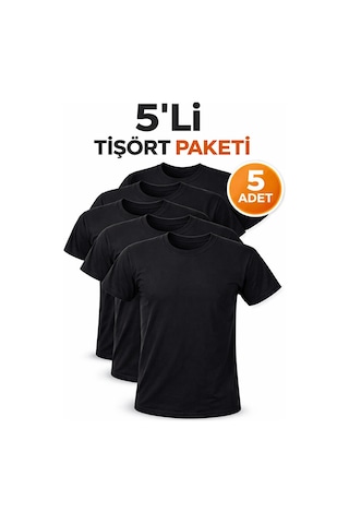 Vask 5 Li Erkek Basic Tişört Seti Pamuklu Regular Fit Günlük Rahat T-shirt Siyah