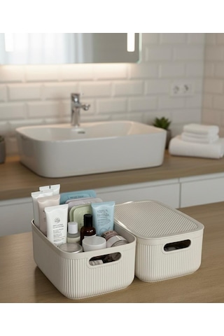 Okyanus Home Linea Smart Box Bej 2,4 Lt 2 Adet Kapaklı Çok Amaçlı Saklama Kutusu Bej