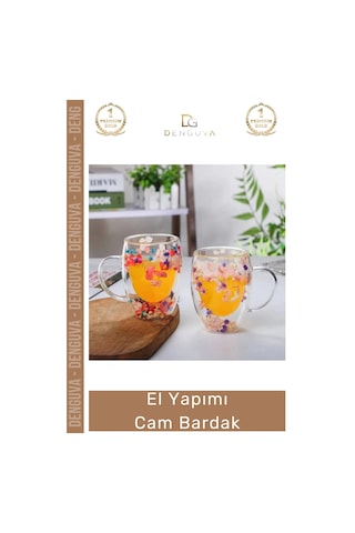 Cambardak Çift Camlı Kurutulmuş Çiçekli Borosilikat Şık Estetik Zarif Cam Handmade Bardak 250ml Çok Renkli