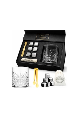 Perlotus Premium 345 Cc Kristal Bardak Ve Çelik Buz Küpü Seti Gıdaya Uygun Çelik Küp Gold Maşa Hediye Kutusunda Gümüş