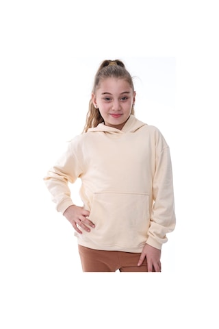 Zuzunga Basic Kapüşonlu Şardonlu Kanguru Cep Detaylı Çocuk Sweatshirt 3-10 Yaş Ekru