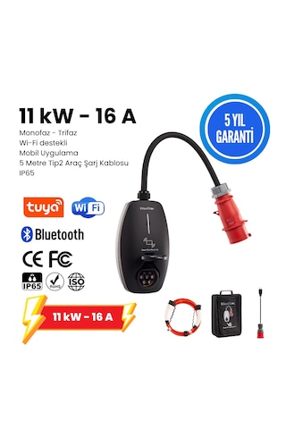 Evwallbox 11 Kw V3 Türkçe Mobil Uygulama 5 Yıl Garanti 5 Metre Tip2 Araç Şarj Kablosu
