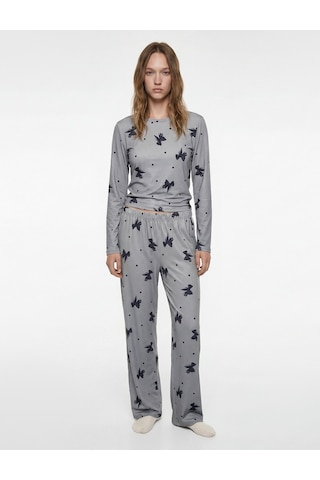 Koton Fiyonk Desenli Rahat Kesim 2'li Pijama Takımı Gri Desenli 6wlk40263mk