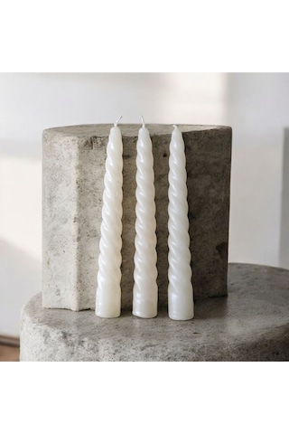 Denic 3 Lü Parlak Krem İtalyan Burgulu Şamdan Mum Kıvrımlı Mum