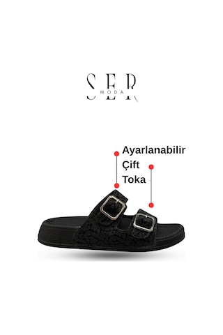 Sermoda Çift Toka Kadın Terlik - Rahat Ve Esnek Tabanlı Ayarlanabilir Bantlı Kadın Terlik Siyah