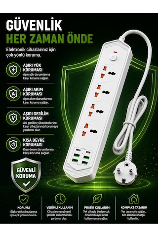 4 Lü Akım Korumalı Evrensel Priz 3000w 10a, 2 Type-c + 4 Usb-a, 2 Metre Kablolu Çoklu Priz 1 - 3 M