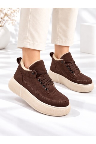 Dabab Shoes Nolen Kadın Acı Kahve Bağcıklı Lüks Süet İçi Kürklü 4 Cm Kalın Taban Sneaker Spor Ayakkabı Kahverengi