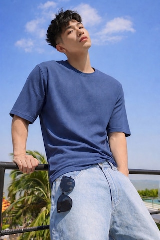 Tarz Cool Erkek Jakarlı Oversize Tişört Bisiklet Yaka Rahat Kalıp Yazlık Basic T-shirt Lacivert
