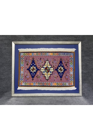 El Dokuma 72X91 Pembe Azerbaycan Halısı Hediyelik Çerçeveli Tablo Pembe - Lacivert