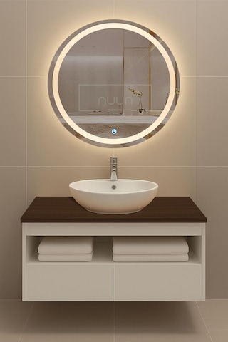 Aurora 60cm Banyo Dolabı Seti Yuvarlak Led'li Dokunmatik Ayna + Mdf Lavabo Dolabı + Seramik Lavabo Beyaz - Ceviz