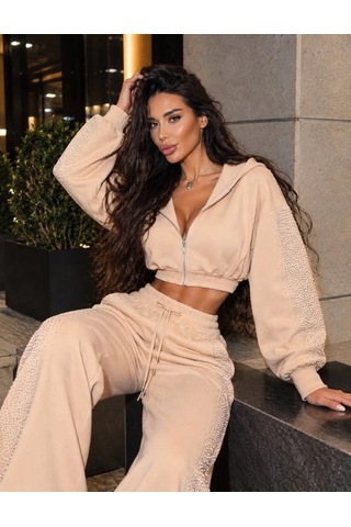 Zennamoda Kadın Taş Baskı Detaylı Fermuarlı Crop Sweatshirt Ve Geniş Paça Eşofman Takımı Bej