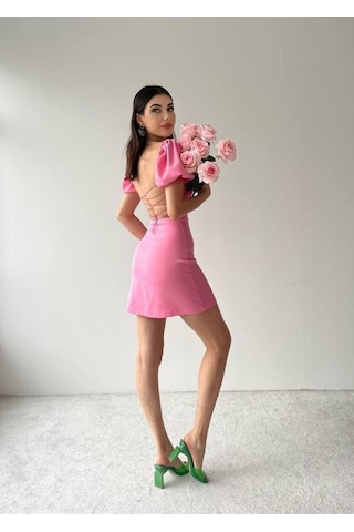 Candybia Sırt Dekolteli Mini Kadın Elbise Fuşya Fuşya
