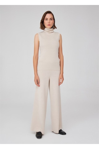 Peraluna Simli Balıkçı Yaka Kolsuz Kadın Triko Bluz Krem-Krem