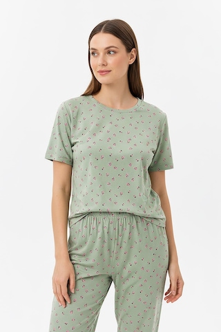 Kompedan Kadın Bisiklet Yaka Yumuşak Dokulu Çiçek Desenli Kısa Kol Pijama Takım Mint 70132-142