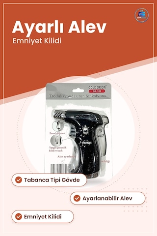 Pürmüz Çakmak Tabancalı Torç Alevli Siyah Metal Gövde Ayarlanabil