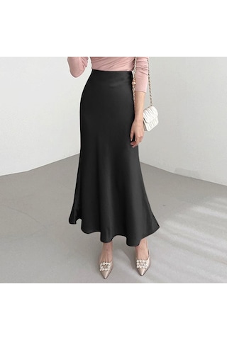 Vonda Kadın Yaz Yüksek Bel Düz Renk Bol Kloş Etek Siyah