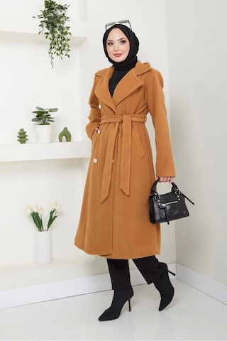 Kadın Polar Kaşe Uzun Kaban / M0107 - Camel Kahverengi