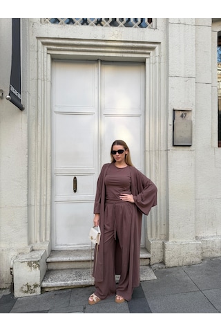 Bonacosa Kadın Viskon 3 Lü Takım Kimono + Beli Lastikli Salaş Pantolon + Kısa Kol Tshirt 8 Renk Kahverengi