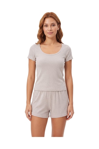 Cottonill Premium - Neat Collection Gri Rib Dokulu Yuvarlak Yaka Modal Viskon Şortlu Kadın Pijama Takımı