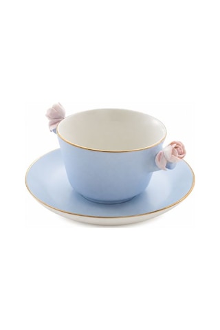 Villari Baby Blue-pink Çay Fincanı & Tabağı İtalyan El Yapımı Porselen, Lüks Koleksiyon Mavi