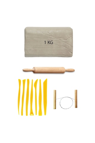 Beyaz Seramik Hamuru 1 Kg Plastik Ebeşuar Seti Kil Seti Seramik Kili Ahşap Merdane Çamur Kesme Teli