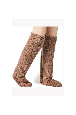 Leiste Sock Peluş Uyku Çorabı Welsoft Diz Üstü Oda Çorabı Ayak Isıtıcı Uzun Gonç Çorap Kahve
