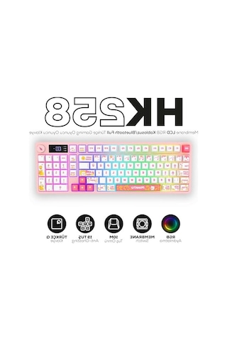 Hawk Gaming Hk258 Membrane Lcd Rgb Kablosuz/bluetooth Siyah Turuncu Full Türkçe Gaming Klavye Beyaz Pembe