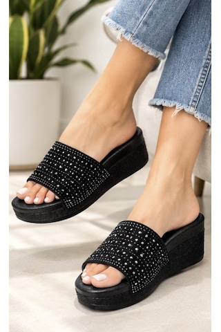 N Napa Shoe Snp-990- Siyah Taş Detaylı Dolgu Topuk Kadın Terlik