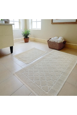 Banyo Pamuk Paspas Seti, Kaymaz Taban, Şık Ve Dayanıklı 60x100 / 60x50 Ölçülerinde Krem