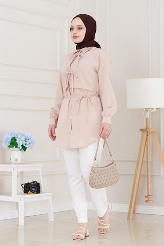 Sevitli Cepken Detaylı Bağlamalı Keten Tunik-bej-5114 Bej