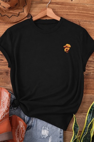 Spoyi Bold Sunflower Tasarımlı %100 Pamuk Yarım Oversize Siyah T-shirt