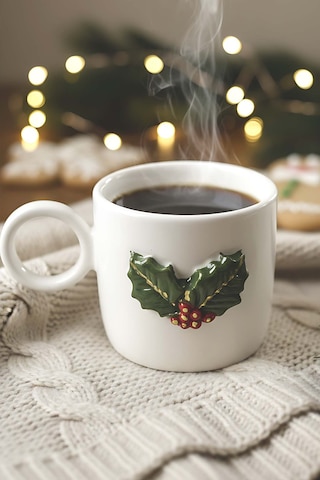 Rivaistanbul Kokina Amore 24 K Altın Süslemeli El Yapımı Yılbaşı Hediyesi Seramik Double Kahve Fincanı, Mug, Kupa Çok Renkli