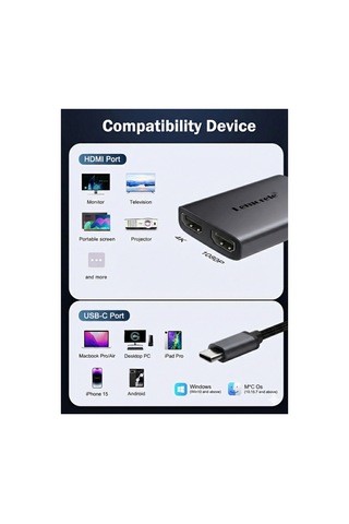 Lemorele Hd30 Type-c To Çift Hdmı 4k 30hz + 1080p 60hz Dual Çoklayıcı Görüntü Aktarıcı Dönüştürücü Adaptör