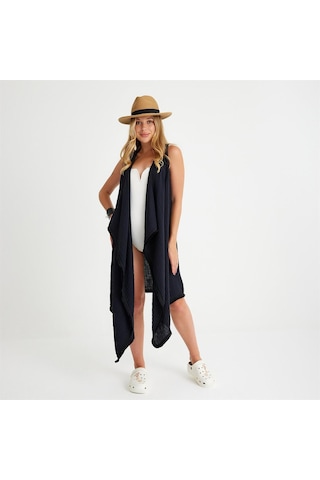 Pamuklu Dokuma Kemerli Püsküllü Plaj Elbisesi - Standart Siyah