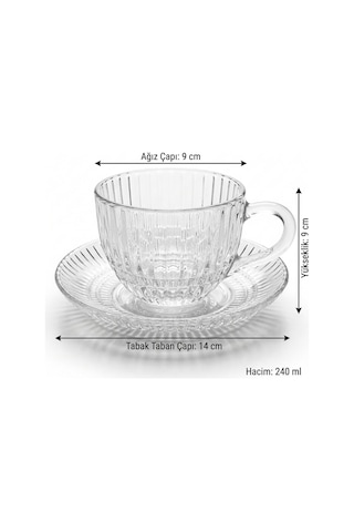 Bahar Çizgi Desen 6 Kişilik Tabaklı Lüks Cam Çay Fincan Takımı 240 Ml. Şeffaf