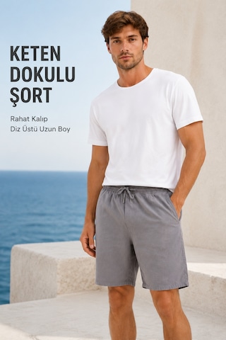 Masion Rae Erkek %100 Gri Keten Şort, Bağcıklı Bel, 3 Cepli, Rahat Kesim, Geniş Paça, Günlük Yazlık Şort