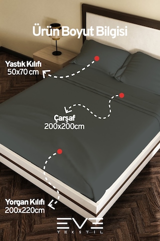 Eve Tekstil %100 Pamuk Ranforce Çarşaflı Yastık Ve Yorgan Kılıflı Çift Kişilik Nevresim Takımı 200x220 Cm Koyu Gri