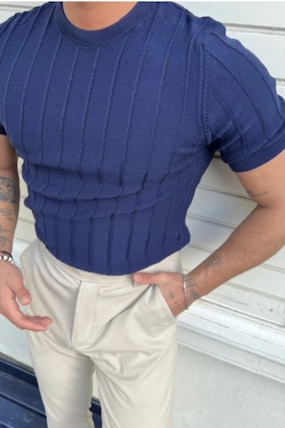 Erkek Slim Dar Bisiklet Yaka Düz Triko T-shirt Lacivert