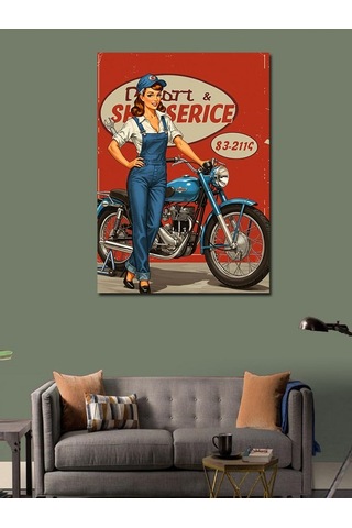 Kanvas Tablo Retro Tamirci Kadın Ve Motosiklet 70cmx100cm