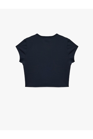 Koton Slim Fit Bisiklet Yaka Kısa Kollu Baskılı Crop Spor Tişört Lacivert 7wak10129nk