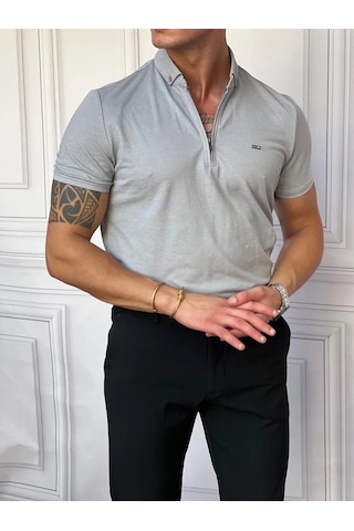 Modefendi Pamuk Likra Slim Fit Kalıp Bebe Yaka Fermuarlı Tshirt Gri