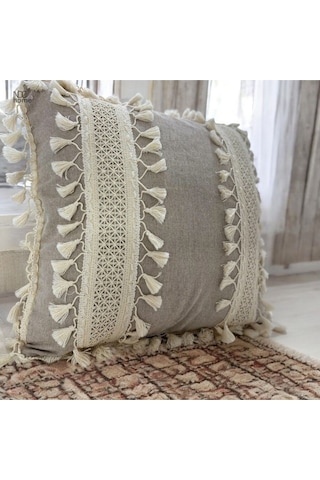 Dnc Home Tekstil Ndchome Bej Keten Kalın Dantel Ponponlu Kırlent Kırlent Kılıfı 43 X 43