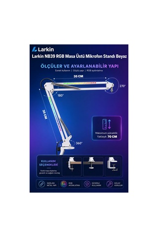 Larkin Nb39 Rgb Demir Masa Üstü Yayıncı Mikrofon Standı Boom Arm Beyaz