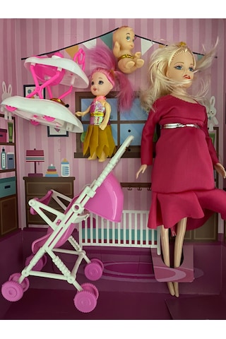 Pusetli Yürüteçli Minik Bebekli Aksesuarlı Hamile Bebek 25 Cm