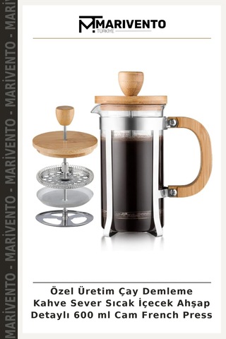Özel Üretim Çay Demleme Kahve Sever Sıcak İçecek Ahşap Detaylı 600 Ml Cam French Press Ahşap - Şeffaf
