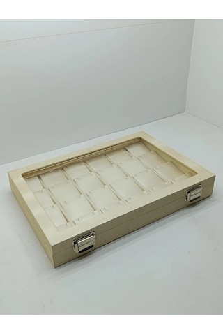 Yeni Cam Kapaklı Imera Deri Kumaş Krem Renk 34 Cm / 24 Cm 20 Bölmeli Küpe Sergileme Standı