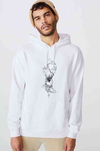Art Dönence Baskılı Beyaz Erkek Örme Kapşonlu Sweatshirt