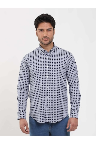 Dufy Lacivert Erkek Slim Fit Puantiyeli Brent Düğmeli Yaka Uzun Kol Gömlek - 104349-lacivert Lacivert