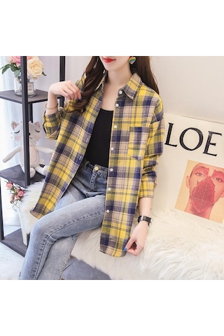 Pembe Qooth Kadın Sonbahar Kış Fırçalanmış Ekose Bluz Retro Zarif Gevşek Uzun Kollu Gömlek Ceket Qt1910 Pembe