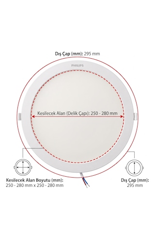 Philips 24w 2200 Lumen Beyaz Işık 6500k Sıva Altı Yuvarlak Kesim Yeri 250-280mm Açık Beyaz